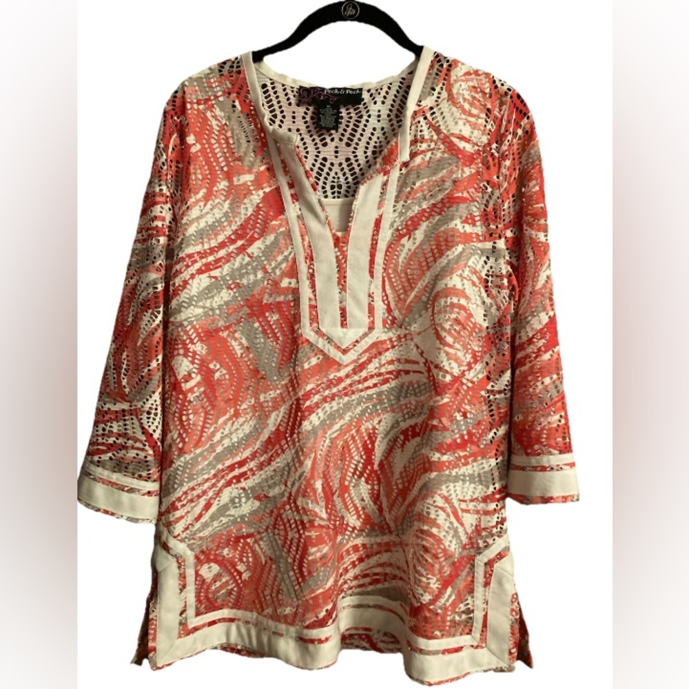 Orange Geometric Hippie Mesh Tunic With Under Tank Top 3/4 Sleeve M